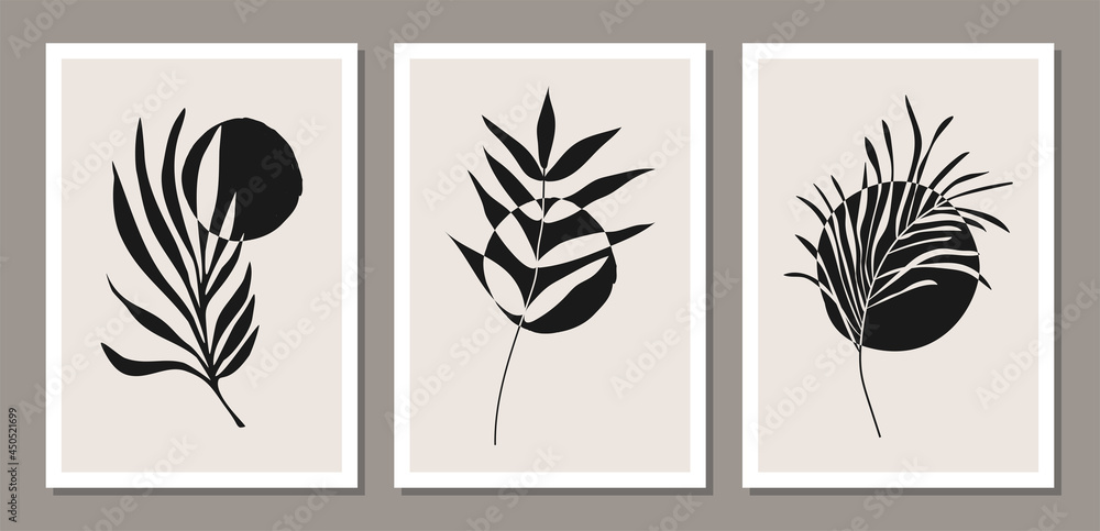 Set of minimalist botanical wall art composition with leaves abstract collage