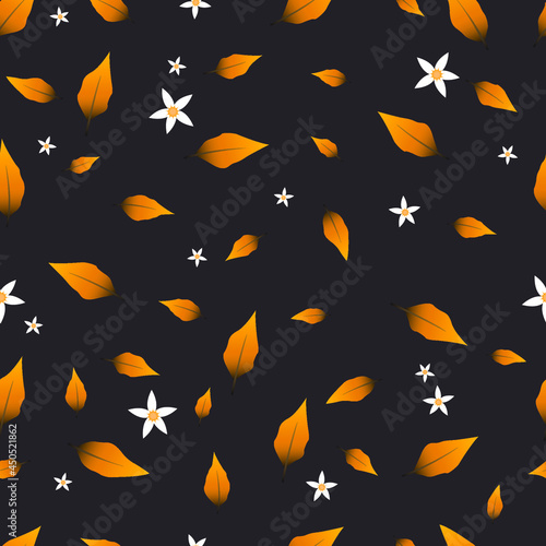 Yellow leaf and white flower seamless pattern vector for decoration on Autumn season and Thanksgiving festival.