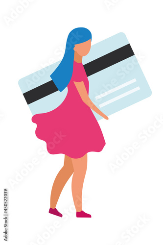 Girl paying with credit card semi flat color vector character. Full body person on white. Payment for online purchases isolated modern cartoon style illustration for graphic design and animation