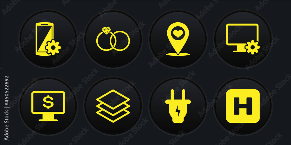 Set Monitor with dollar, Computer monitor and gear, Layers, Electric plug, Map pointer heart and Wedding rings icon. Vector Set Monitor with dollar, Computer monitor and gear, Layers, Electric plug, Map pointer heart and Wedding rings icon. Vector