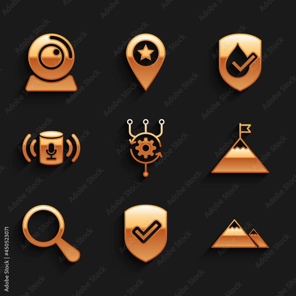 Set Algorithm, Shield with check mark, Mountains, and flag, Magnifying glass and Voice assistant icon. Vector Set Algorithm, Shield with check mark, Mountains, and flag, Magnifying glass and Voice assistant icon. Vector