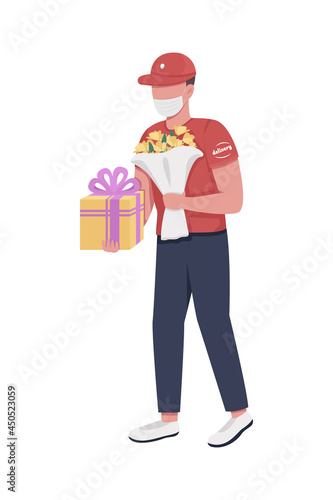 Delivery person with birthday gifts semi flat color vector character. Full body person on white. Customer service isolated modern cartoon style illustration for graphic design and animation © The img