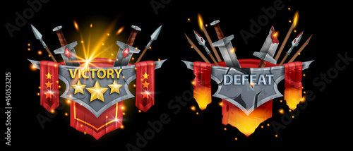 Victory defeat game badge kit, vector level up award achievement, rating champion prize stone frame. Winner loser emblem concept, medieval sword, spear, red burning banner. Heraldic warrior game badge