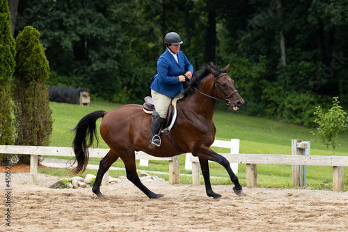 Woman cantering her horse at a horse show.