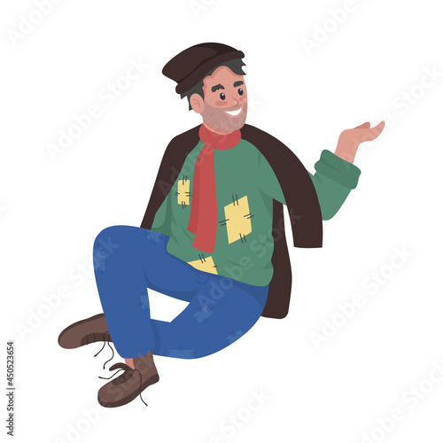 Smiling homeless person asking for food semi flat color vector character. Full body person on white. Man living on street isolated modern cartoon style illustration for graphic design and animation