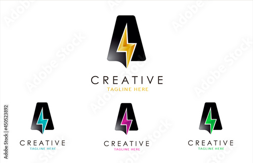 Letter A Lightning Bolt Logo Set Concept. 3d Electrical Logo Design