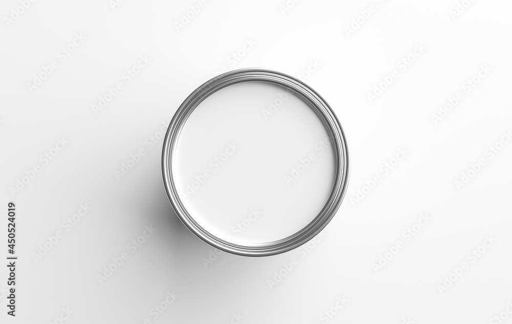 Paint can container and white color in metal bucket for home renovation work isolated on white background with open on top view concept. 3D rendering. Paint can container and white color in metal bucket for home renovation work isolated on white background with open on top view concept. 3D rendering.