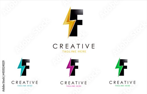 Letter F Lightning Bolt Logo Set Concept. 3d Electrical Logo Design