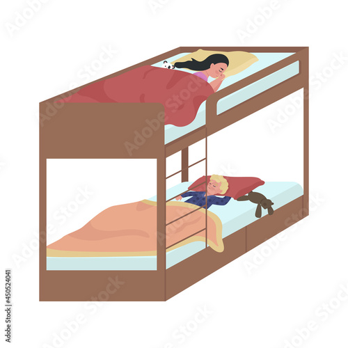 Kids sharing bunk bed for sleeping semi flat color vector characters. Full body people on white. Bedroom for siblings isolated modern cartoon style illustration for graphic design and animation