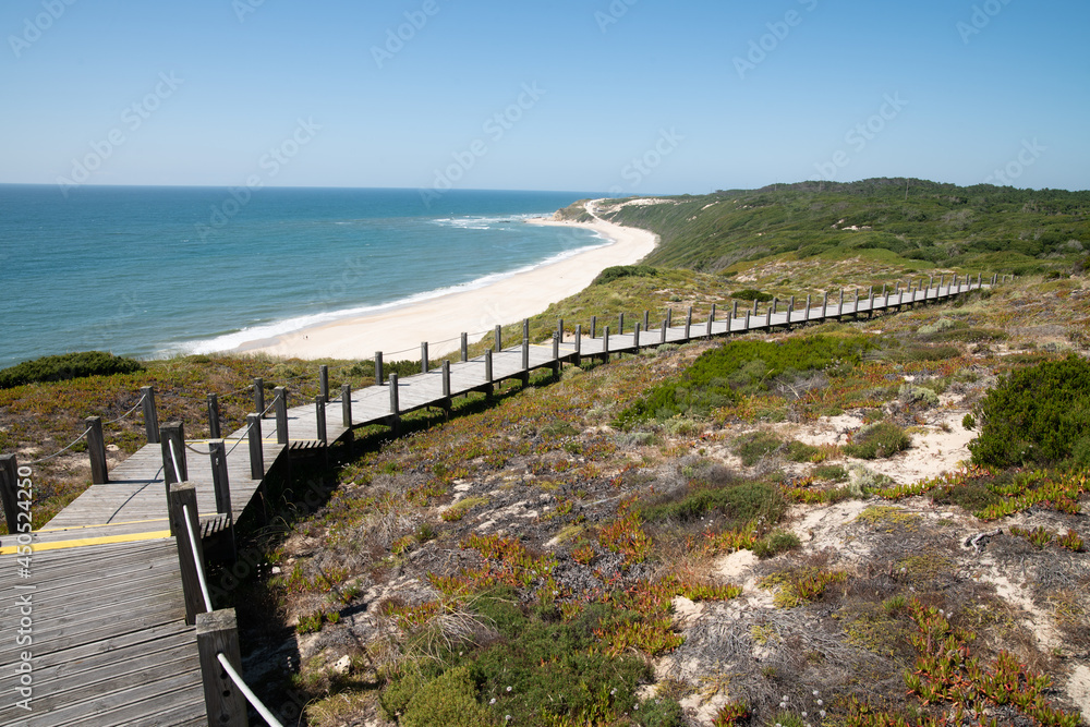 Paredes Panoramic Boardwalk. The beach on the Atlantic Ocean between Polvoeiro and Paredes, Portugal, Europe