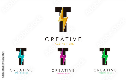 Letter T Lightning Bolt Logo Set Concept. 3d Electrical Logo Design