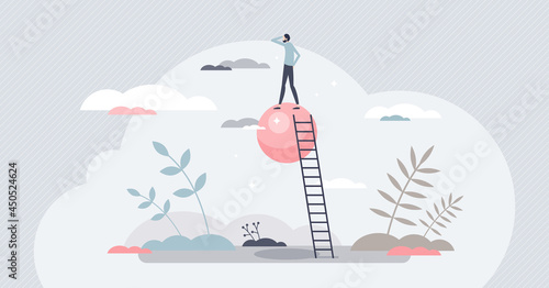 Visionary leadership with vision ir future opportunities tiny person concept. Businessman looking beyond for company strategy or challenges vector illustration. Right direction or decisions for target