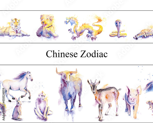 seamless border of watercolor chinese zodiac animals photo