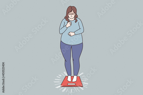 Overweight and Obese people concept. Fat obese sad woman standing on scales having weight problems feeling stressed vector illustration 