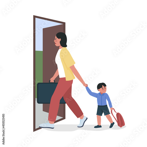 Woman leaves marriage with child semi flat color vector characters. Full body people on white. Spousal abandonment isolated modern cartoon style illustration for graphic design and animation