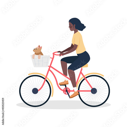 Woman biking with dog in basket semi flat color vector character. Full body person on white. Riding with small dog isolated modern cartoon style illustration for graphic design and animation