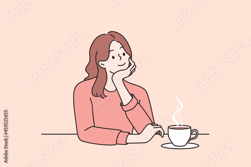Dreaming and everyday relaxation concept. Young positive girl sitting dreaming at table drinking tea or coffee alone vector illustration 