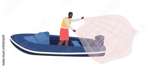 Angler with fishing gears semi flat color vector character. Trawling practice. Full body person on white. Man throws net isolated modern cartoon style illustration for graphic design and animation