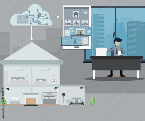 Flat design of internet of things concept, Young man checking his house from mobile application - vector