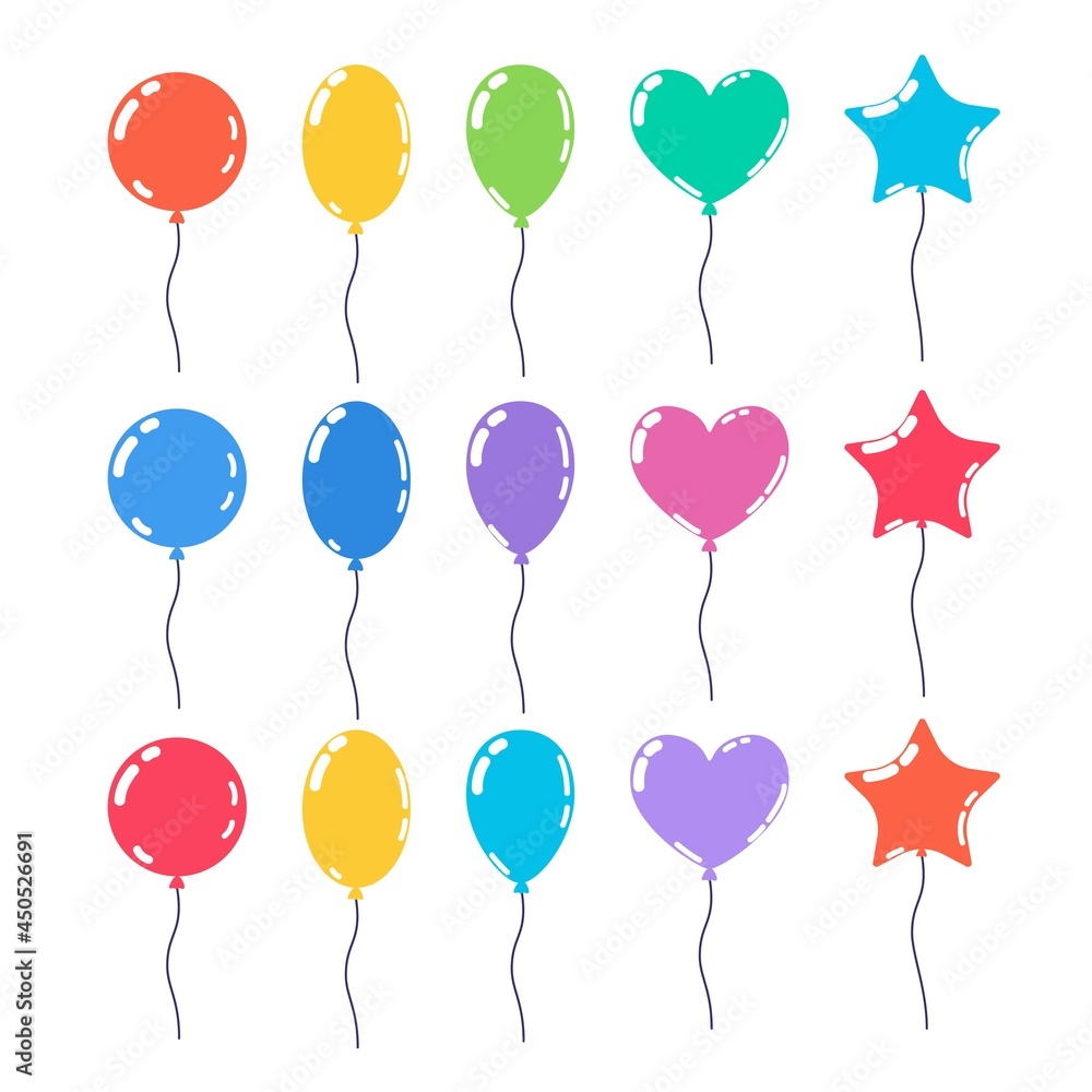 Collection of multi-colored balloons of different shapes. Flat vector illustration