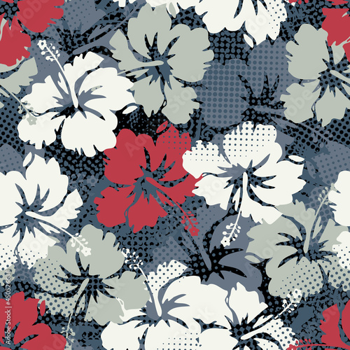 Hibiscus flowers with halftone screen dots abstract vector seamless pattern