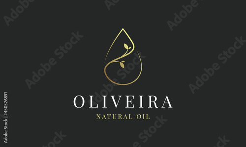 luxury gold Olive Oil, Droplet, water drop and Flower, leaf, leaves logo design vector