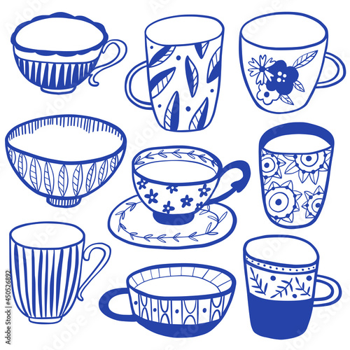 Collection of modern ceramic: cups, mugs. Blue and White Chinese Porcelain set. Kitchen utensils for hot drinks. Doodle pottery with floral ornament. Tableware items. Hand drawn vector