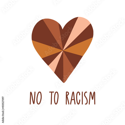 No to racism. Human heart shape with different skin colors. We are equal, black lives matter concept for card, poster, banner with text. Supporting social illustration. Vector. Rights for all races