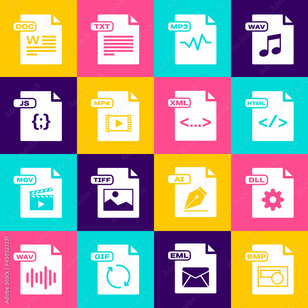 Set BMP file document, DLL, HTML, MP3, MP4, JS, DOC and XML icon. Vector  Stock Vector | Adobe Stock