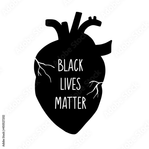 Black lives matter. Human heart shape. We are equal, no racism concept. Rights for all races. Flat style card, poster, banner with text. Different skin colors. Supporting social illustration. Vector