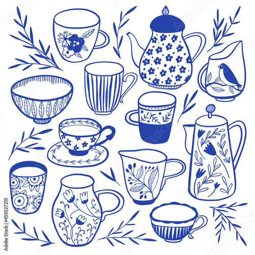 Collection of modern ceramic: cup, mug, tea or cofee pot. Blue and White Chinese Porcelain set. Kitchen utensils for hot drinks. Doodle pottery with floral ornament. Tableware items. Hand drawn vector