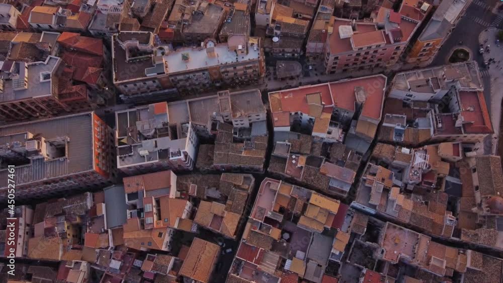 Labyrinth of Syracuse city streets, top down aerial descending view, building rooftops Labyrinth of Syracuse city streets, top down aerial descending view, building rooftops
