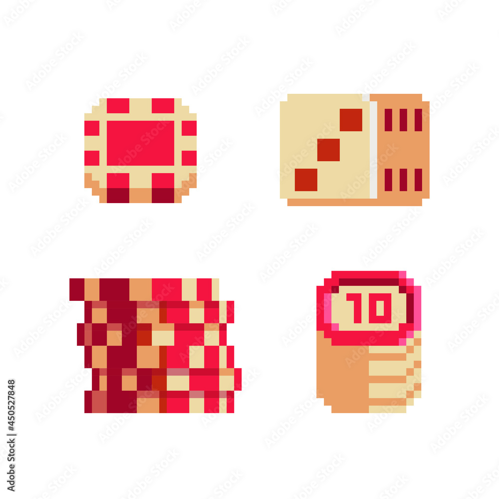 Board game poker pixel art icons set dice casino chips gambling