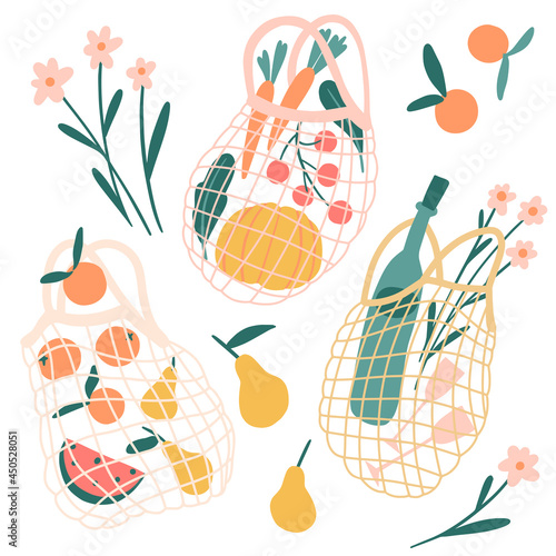Net bag with food and wine. Reusable textile shopping bags. Trendy shopper with fruits, vegetables, flowers. Zero waste, plastic free, eco life. Local market concept. Flat cartoon illustration. Vector