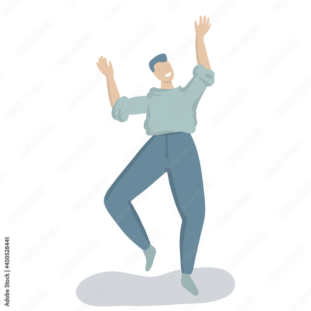 Happy man is dancing and jumping. Trendy flat vector character is laughing from joy. Young teenager in casual wear. Happy man is dancing and jumping. Trendy flat vector character is laughing from joy. Young teenager in casual wear.