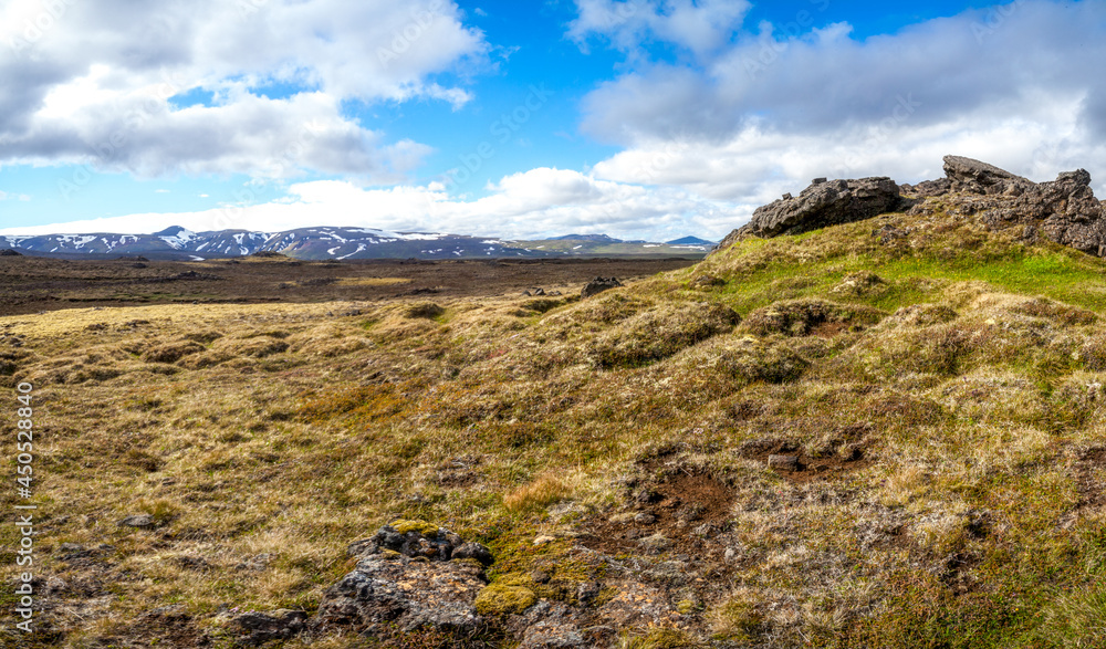 Landmannalaugar moss and orange lava desert hills at volcano landscape. Iceland 