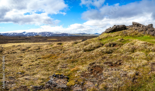 Landmannalaugar moss and orange lava desert hills at volcano landscape. Iceland 