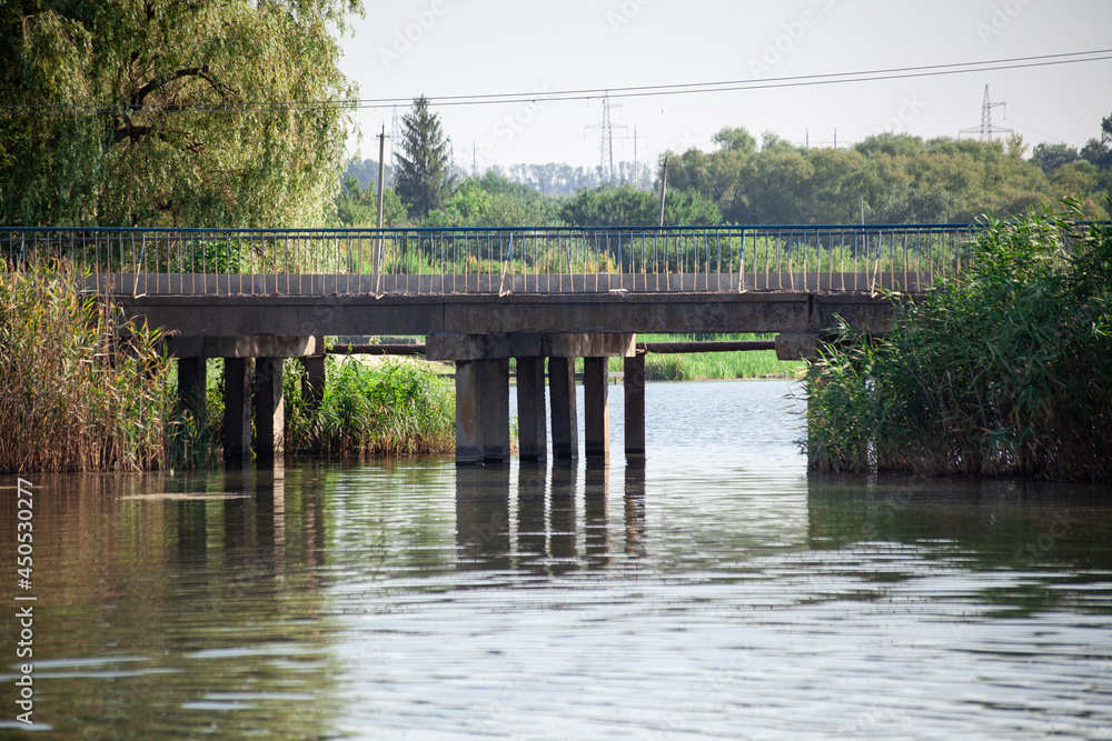 concrete bridge over a small river with green reeds. Road bridge with concrete columns. concrete bridge over a small river with green reeds. Road bridge with concrete columns.