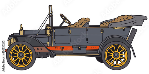 The vectorized hand drawing of a vintage black open car