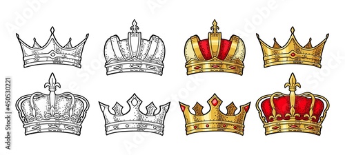 Four different king crowns. Engraving vintage vector black illustration.