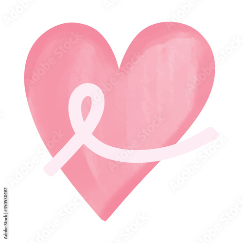 Bright watercolor textured heart with light pink white ribbon  - breast cancer awareness symbol emblem logo isolated on white. Vector illustration. Healthcare medical, support, charity concept