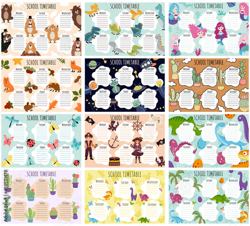 School Timetable. Weekly schedule vector template for school students.
