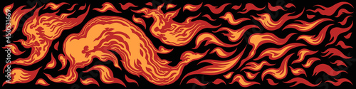 Flames. Editable hand drawn illustration. Vector engraving. Isolated on black background. 8 EPS