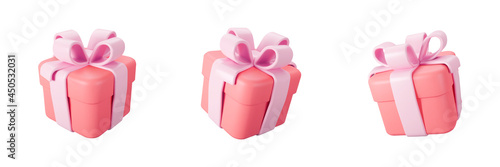 3d red gift box set with pastel ribbon bow isolated on a white background. 3d render flying modern holiday closed surprise box. Realistic vector icon for present, birthday or wedding banners
