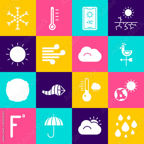 Set Water drop, Earth globe and sun, Rooster weather vane, Weather forecast, Wind, Sun, Snowflake and Cloud icon. Vector