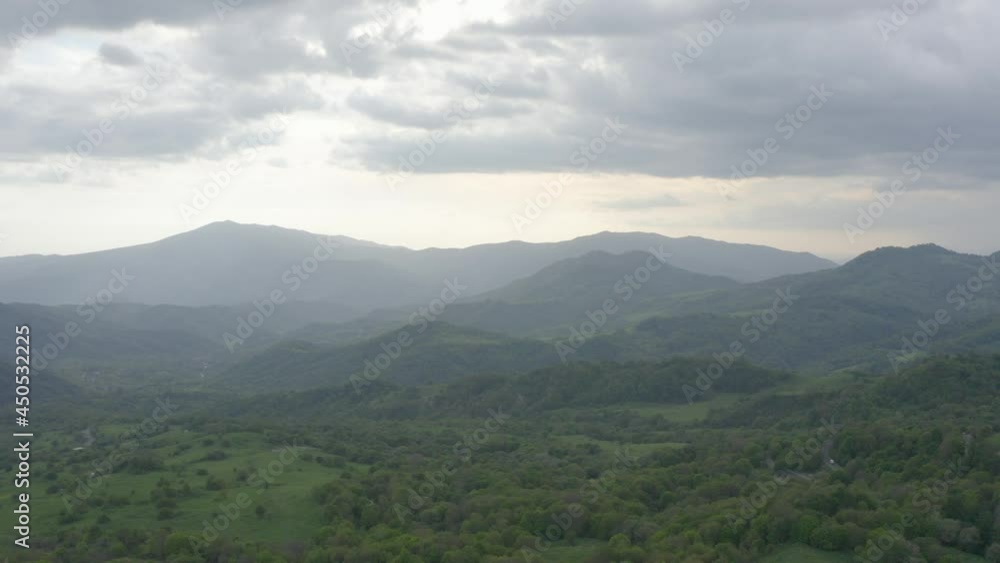 Fly over aerial view of mountains in Kakheti region in Georgia. Foggy morning dusk. Forward movement. 4k footage. Fly over aerial view of mountains in Kakheti region in Georgia. Foggy morning dusk. Forward movement. 4k footage.