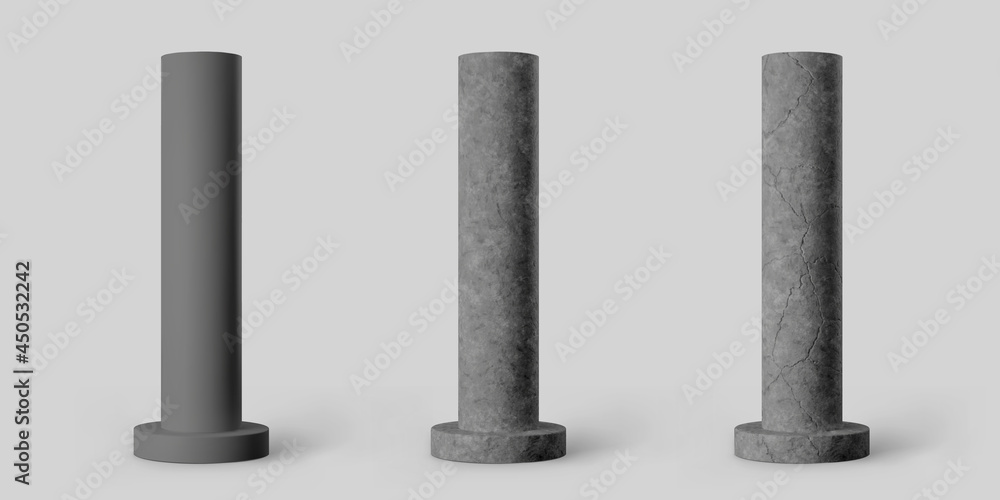 Black concrete cylindrical columns with round plinth and cracks isolated on grey background. Realistic dark cement 3d pillar for interior or bridge construction. Vector textured concrete pole base - obrazy, fototapety, plakaty 