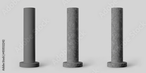 Tela Black concrete cylindrical columns with round plinth and cracks isolated on grey background