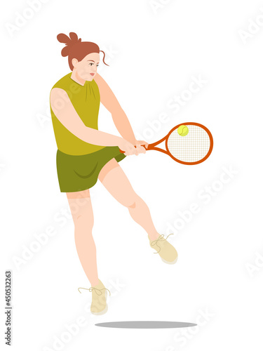 A girl or woman - a tennis player, holding a tennis racket in his hand on the sports ground, jumping and hitting the ball. Vector sports illustration. Active rest, big tennis.