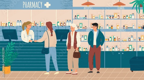 People in queue buying drugs in pharmacy store vector illustration. Pharmacist and clients in counter at pharmacy shop. Drugstore interior with shelves full of drugs